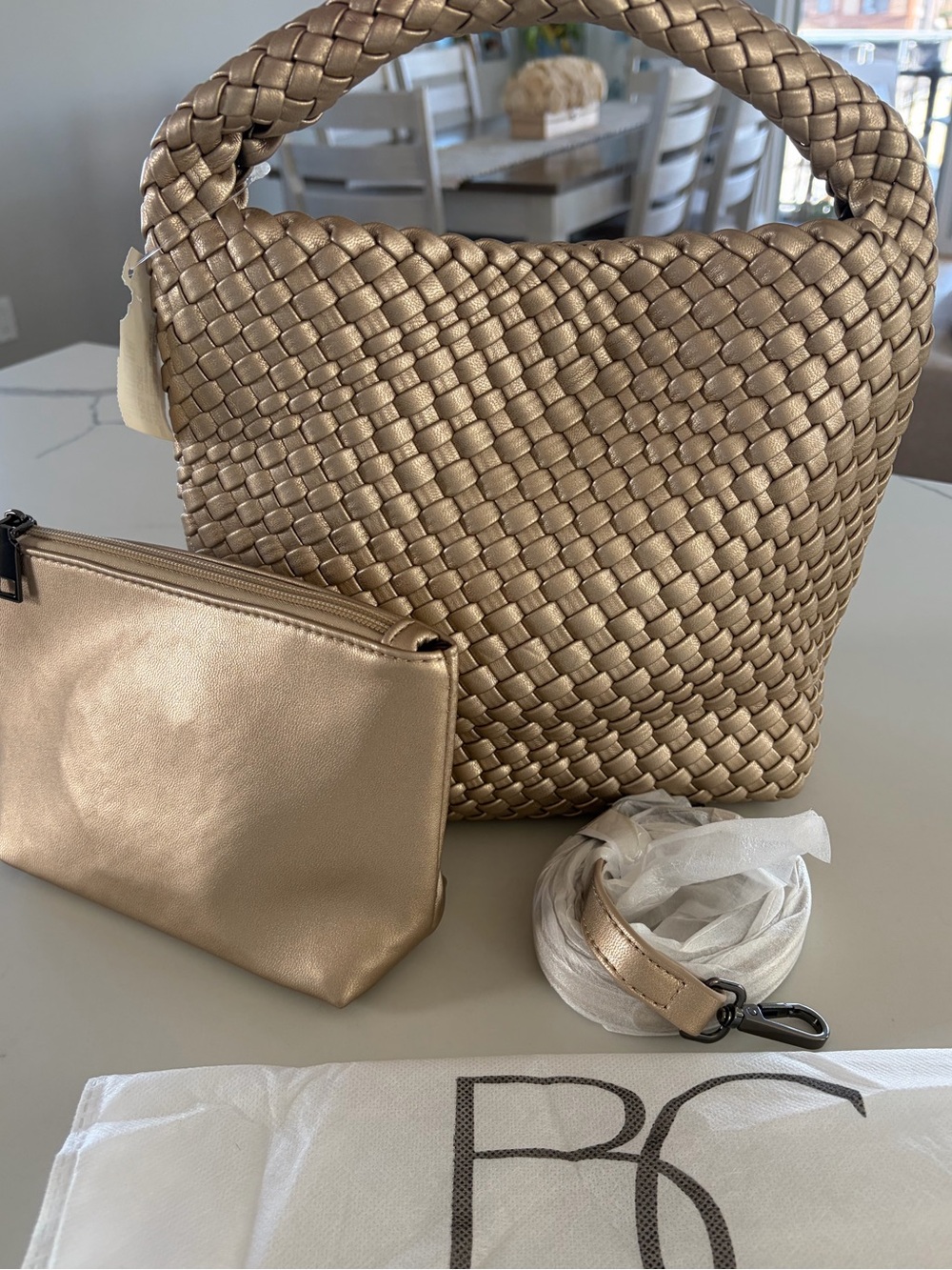 BC Bags Champagne Woven Vegan Leather Mini Hobo Satchel